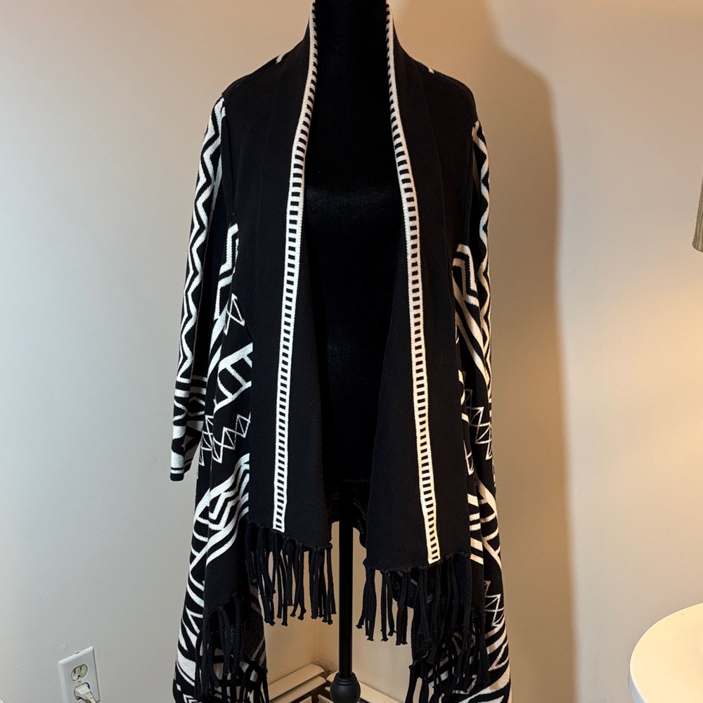 Chico's Monochrome Patterned Fringe Cardigan
